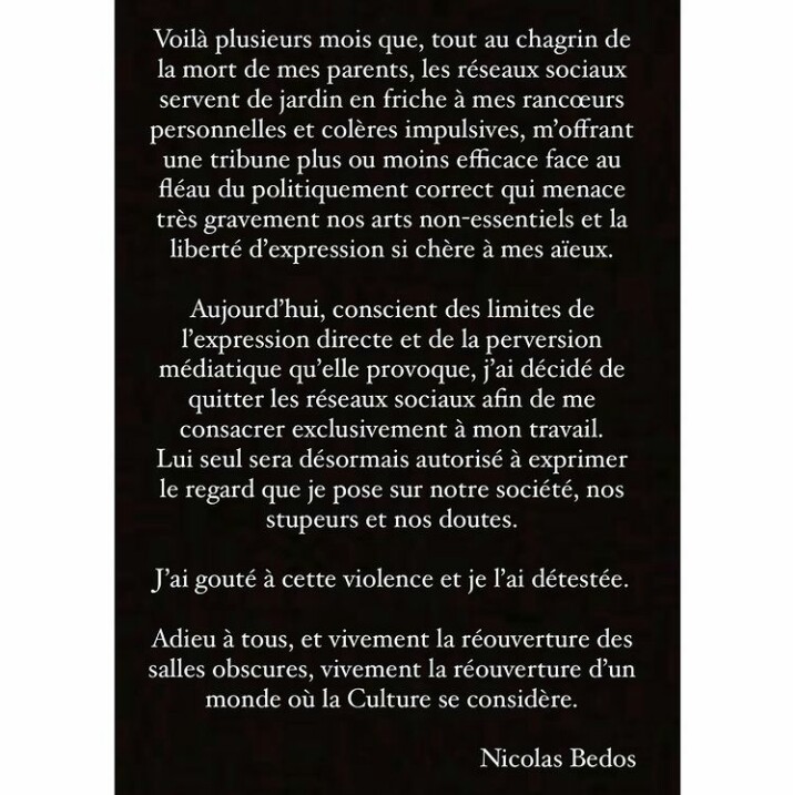 Le message de départ de Nicolas Bedos des réseaux sociaux